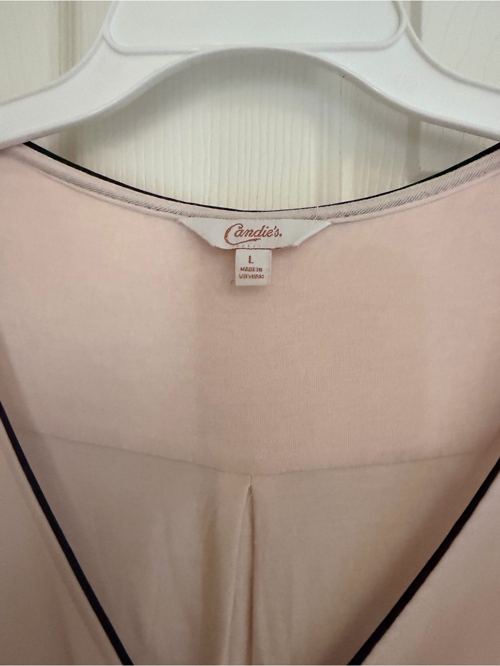 Candie's Pink V-Neck Blouse with Black Piping - Picture 2 of 4